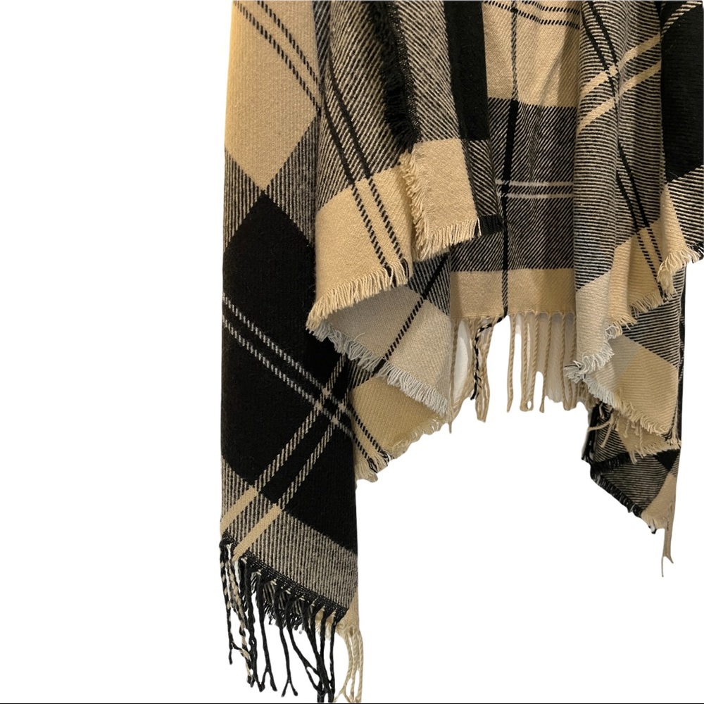 LILDY PLAID BEIGE AND BLACK FRINGED OPEN FRONT WATERFALL CARDIGAN VEST SZ L/XL - Picture 8 of 11